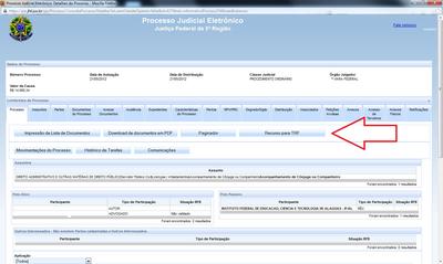 Deve-se acessar o processo em tramitação no 1º Grau e clicar no botão *Recurso para TRF*. Imagem: Deve-se acessar o processo em tramitação no 1º Grau e clicar no botão *Recurso para TRF*.